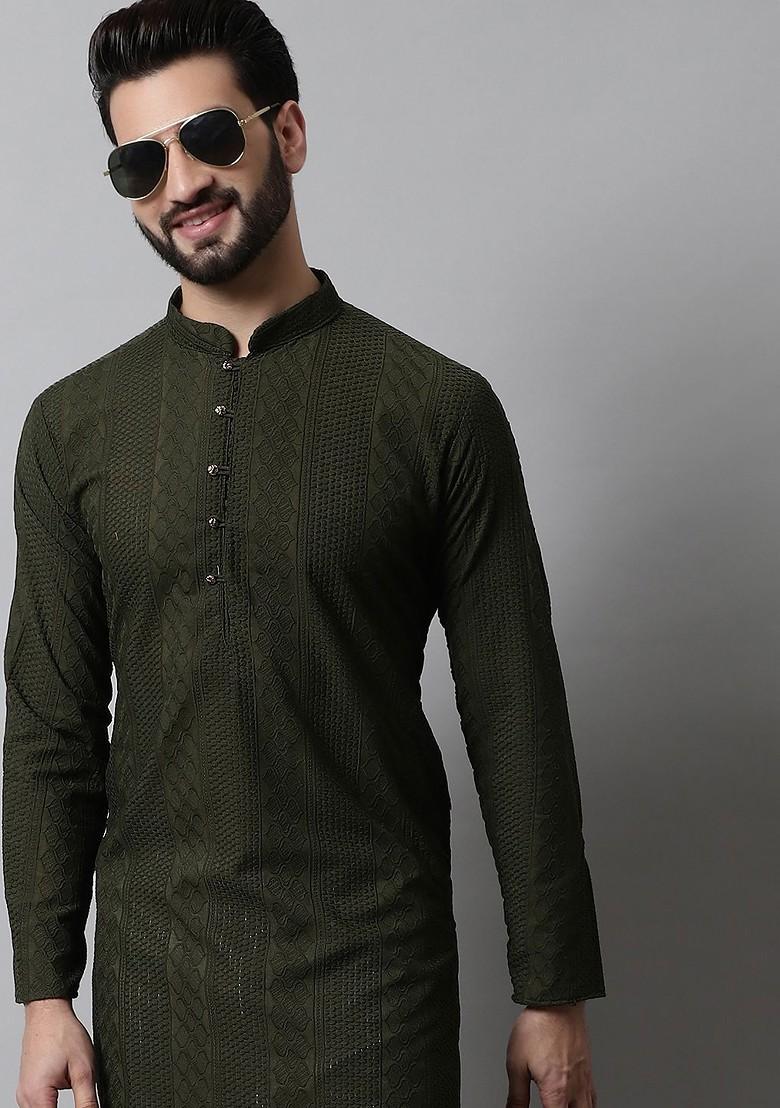 Olive Embroidered Poly Blend Kurta Set For Men