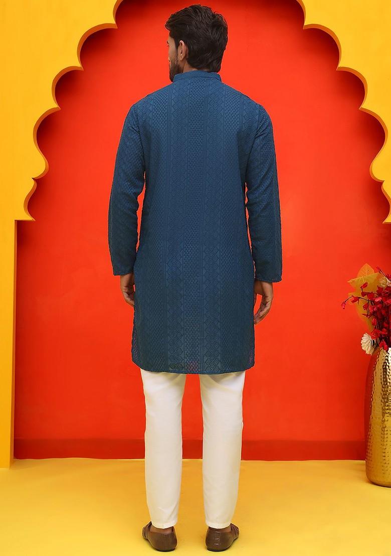 Teal Blue Embroidered Poly Blend Kurta Set For Men