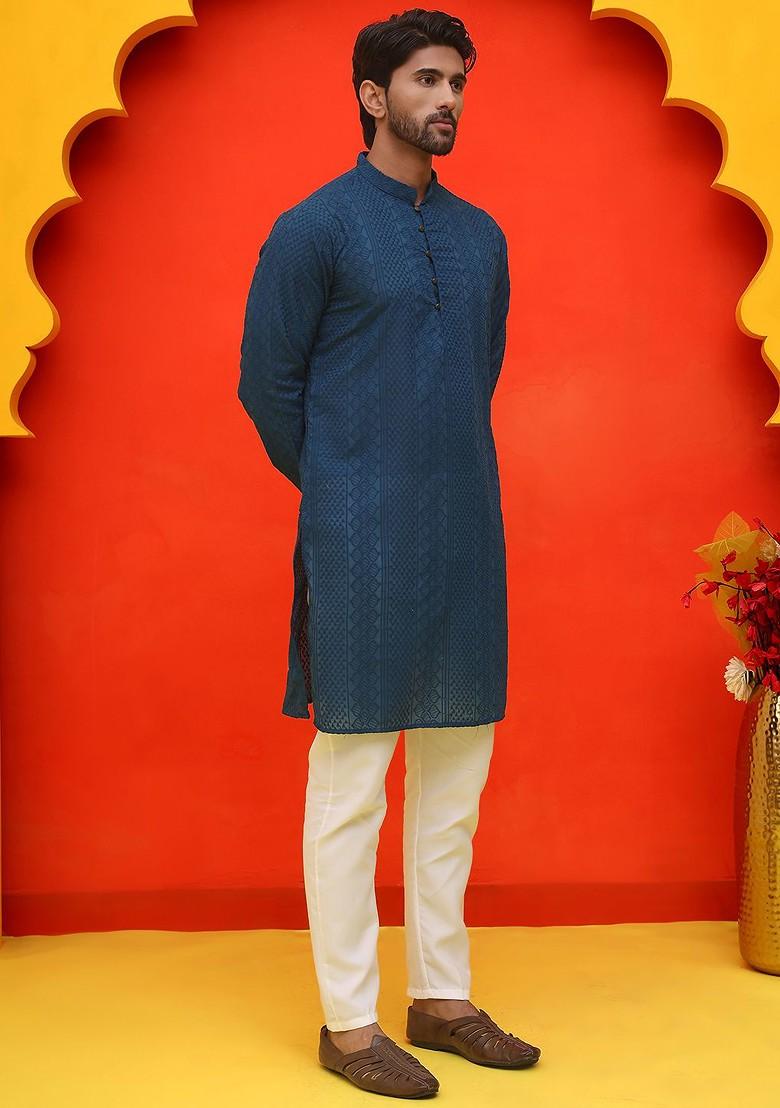 Teal Blue Embroidered Poly Blend Kurta Set For Men