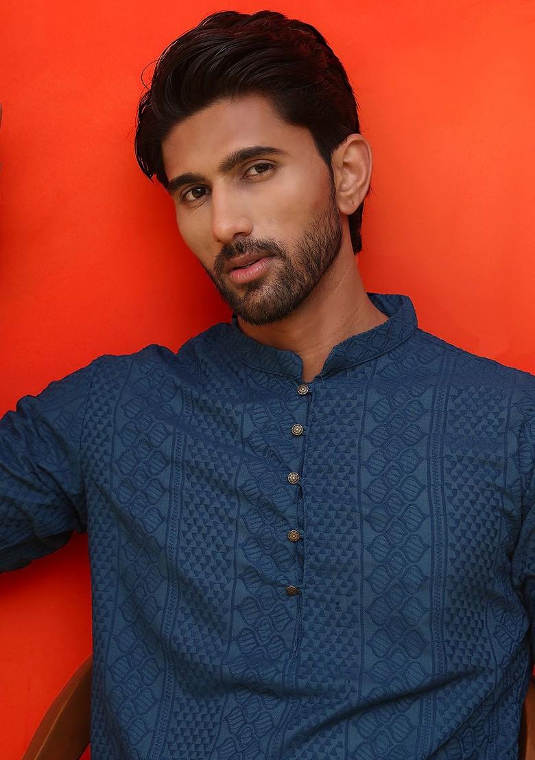 Teal Blue Embroidered Poly Blend Kurta Set For Men