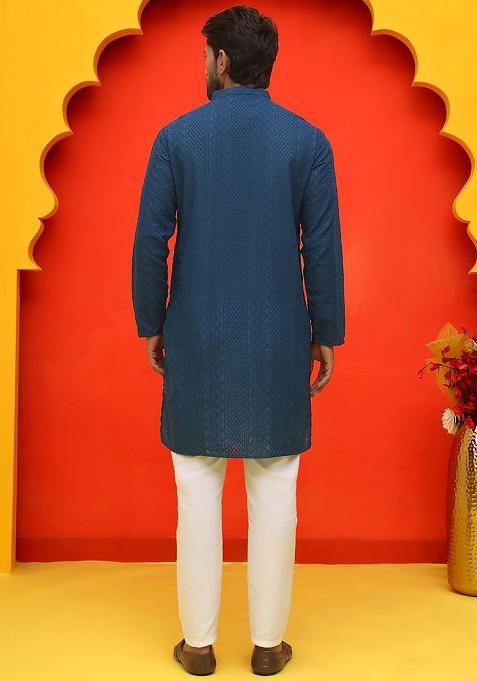 Teal Blue Embroidered Poly Blend Kurta Set For Men