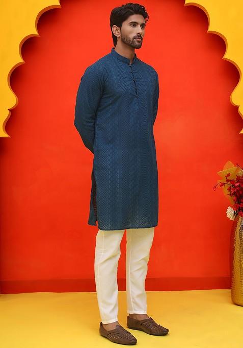 Teal Blue Embroidered Poly Blend Kurta Set For Men