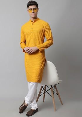 Mustard Yellow Embroidered Poly Blend Kurta Set For Men