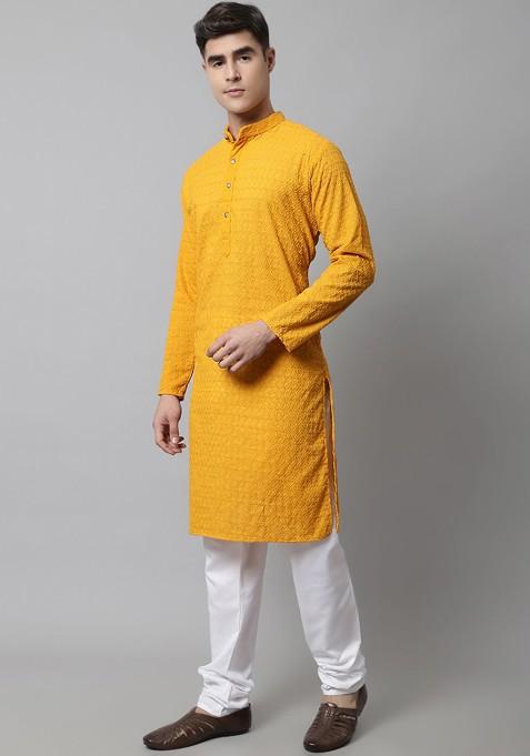 Mustard Yellow Embroidered Poly Blend Kurta Set For Men