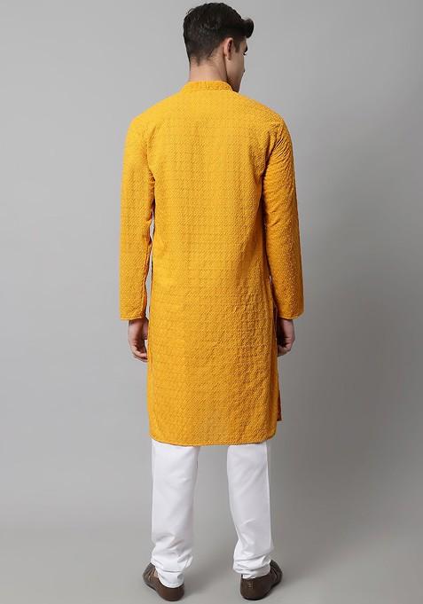 Mustard Yellow Embroidered Poly Blend Kurta Set For Men