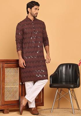 Coffee Brown Embroidered Poly Blend Kurta Set For Men