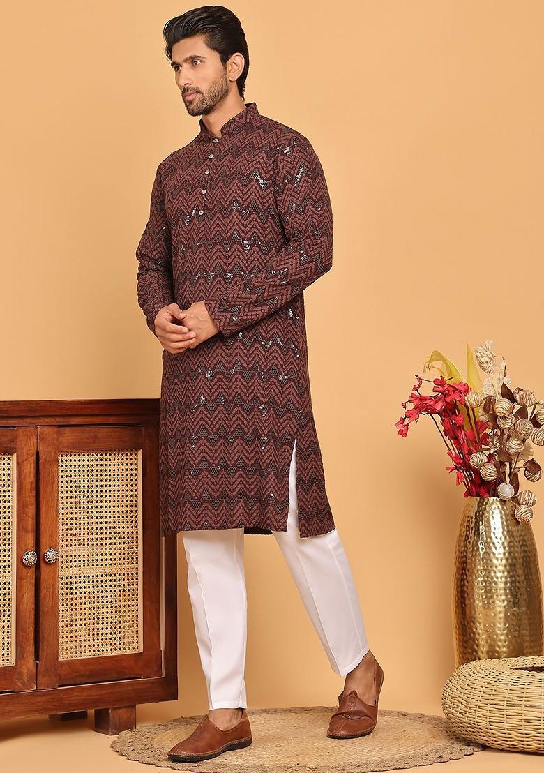 Coffee Brown Embroidered Poly Blend Kurta Set For Men