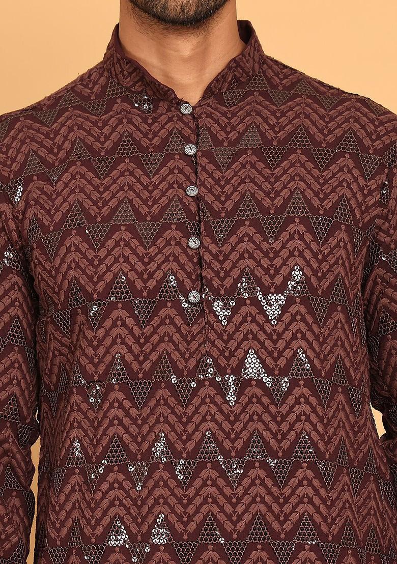 Coffee Brown Embroidered Poly Blend Kurta Set For Men