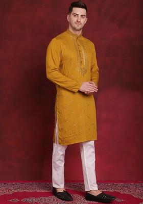 Mustard Yellow Embroidered Poly Blend Kurta Set For Men