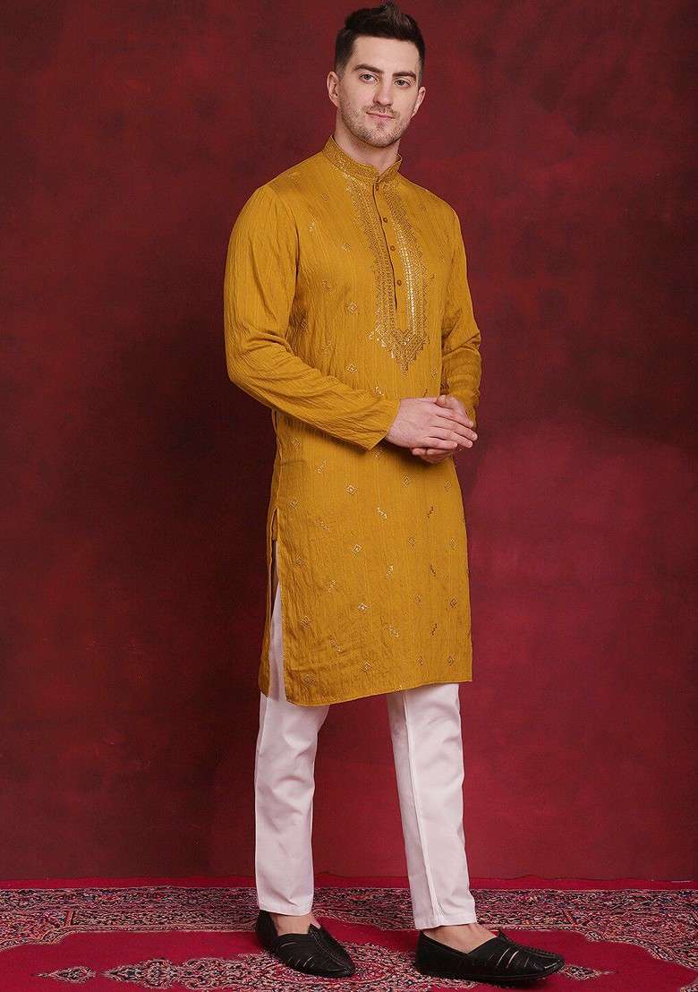 Mustard Yellow Embroidered Poly Blend Kurta Set For Men - Indya