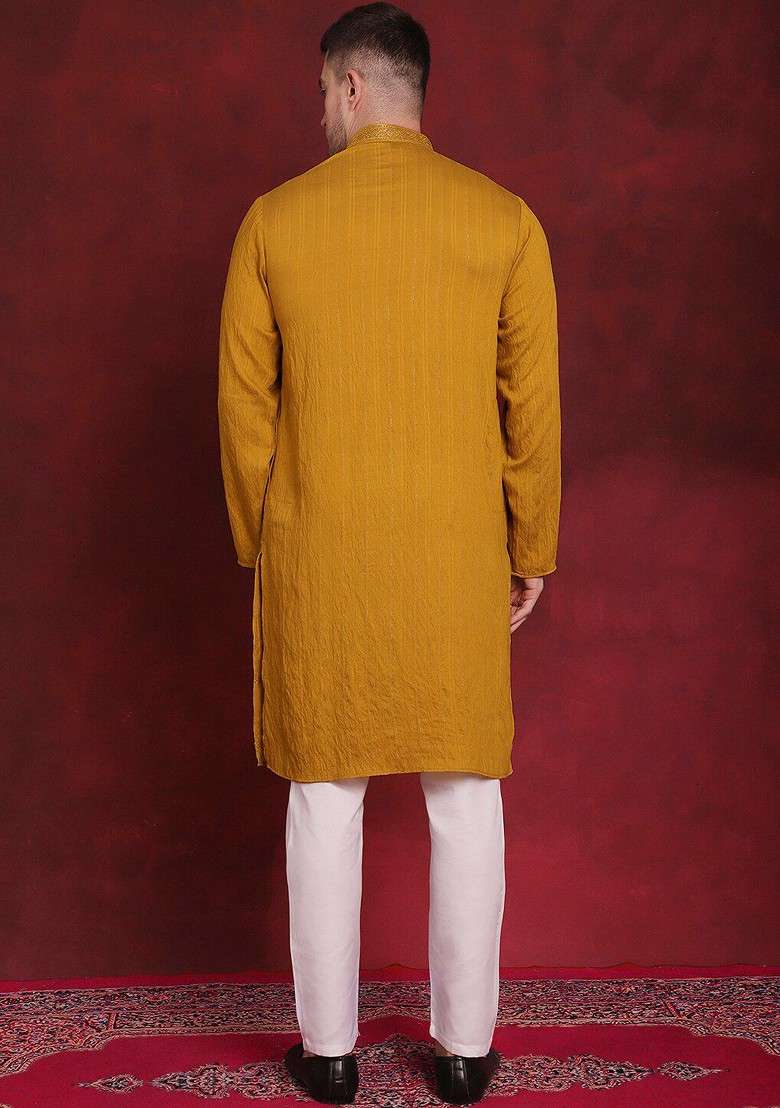 Mustard Yellow Embroidered Poly Blend Kurta Set For Men - Indya