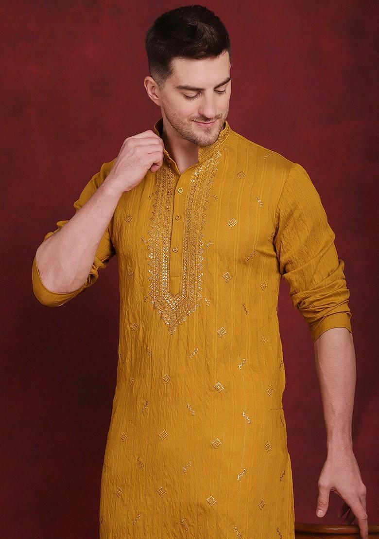 Mustard Yellow Embroidered Poly Blend Kurta Set For Men