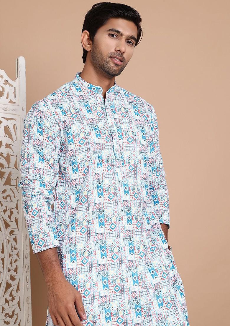 Blue Printed Poly Blend Kurta Set For Men