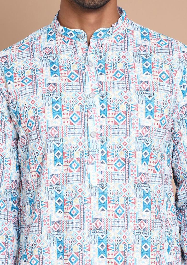 Blue Printed Poly Blend Kurta Set For Men
