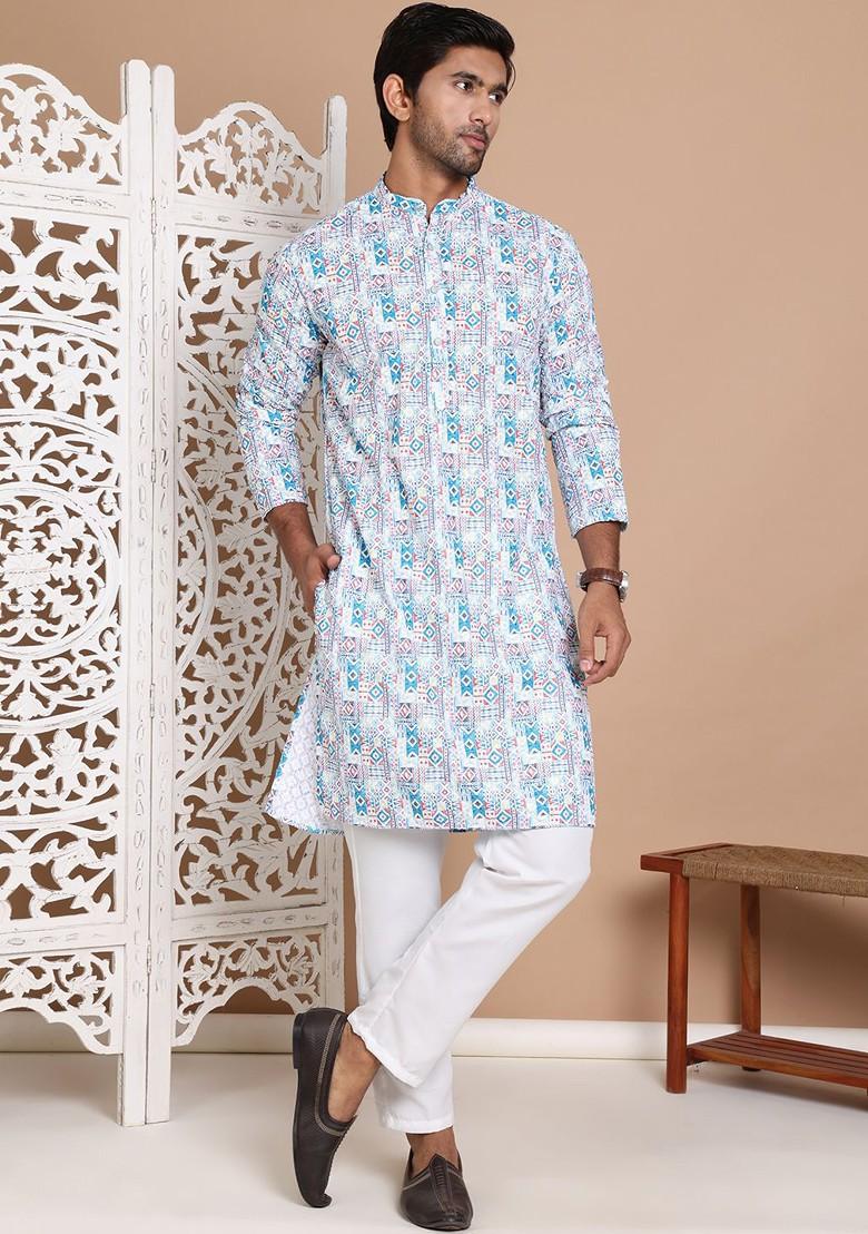 Blue Printed Poly Blend Kurta Set For Men