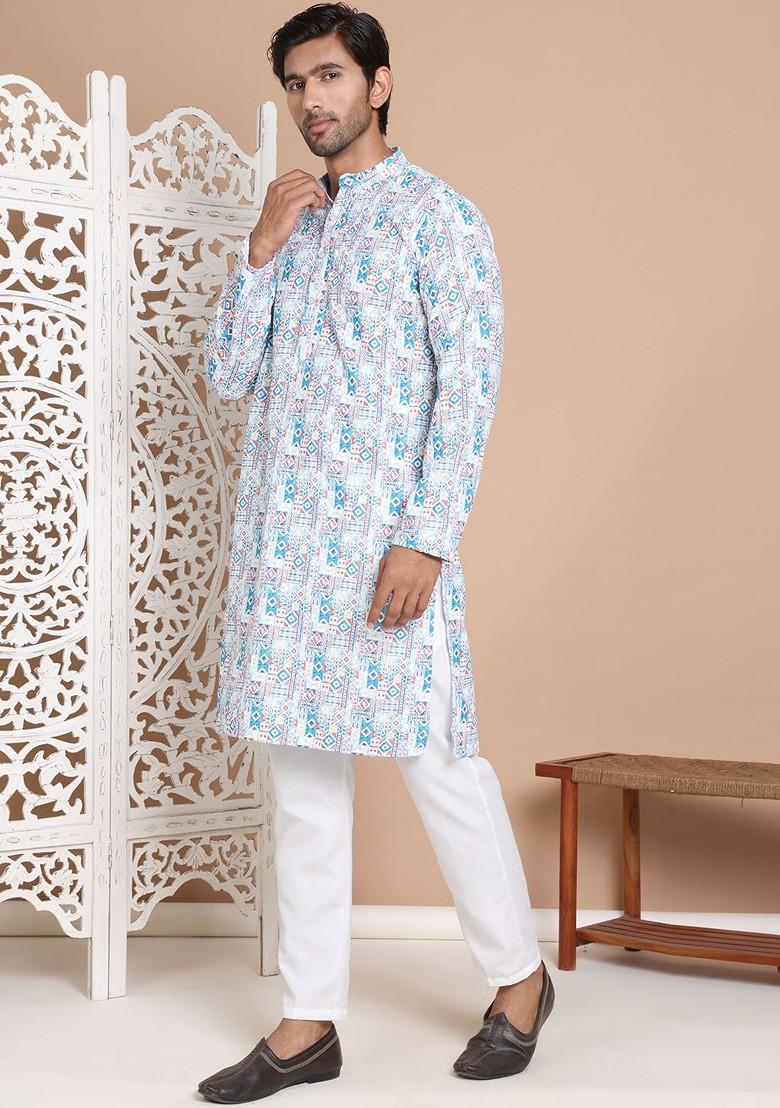 Blue Printed Poly Blend Kurta Set For Men