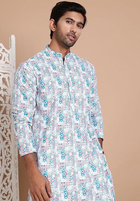 Blue Printed Poly Blend Kurta Set For Men