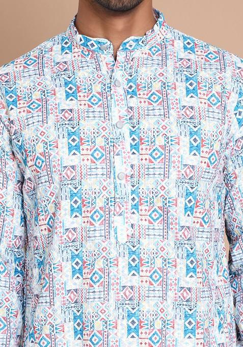 Blue Printed Poly Blend Kurta Set For Men