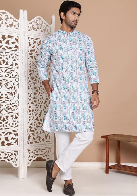 Blue Printed Poly Blend Kurta Set For Men
