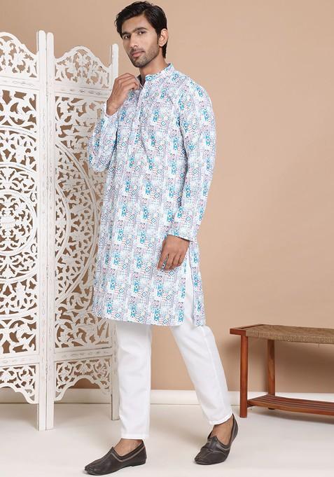 Blue Printed Poly Blend Kurta Set For Men