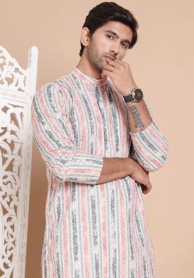 Beige Printed Poly Blend Kurta Set For Men