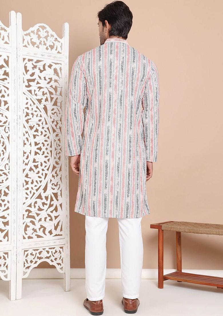 Beige Printed Poly Blend Kurta Set For Men