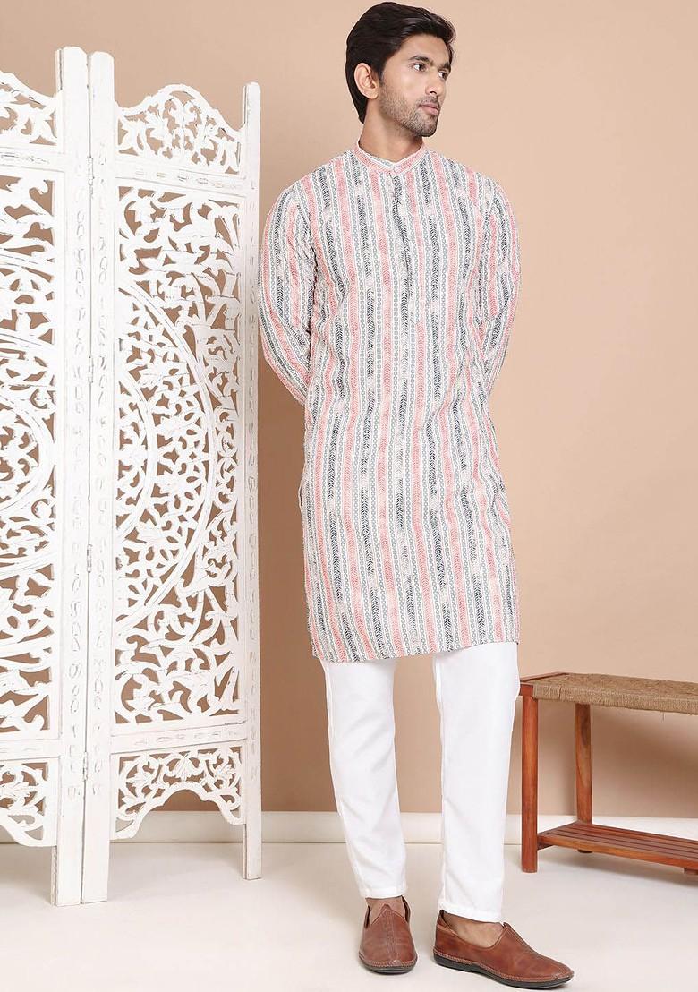 Beige Printed Poly Blend Kurta Set For Men