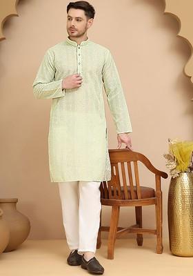 Green Embroidered Poly Blend Kurta Set For Men