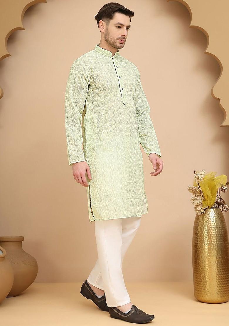 Green Embroidered Poly Blend Kurta Set For Men