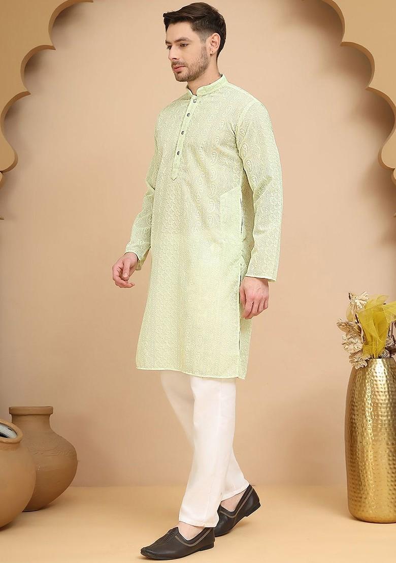 Green Embroidered Poly Blend Kurta Set For Men