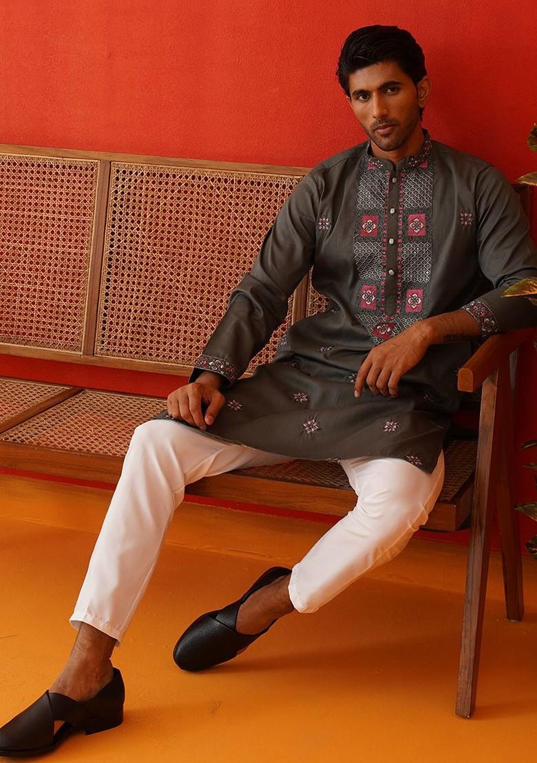 Grey Embroidered Poly Blend Kurta Set For Men