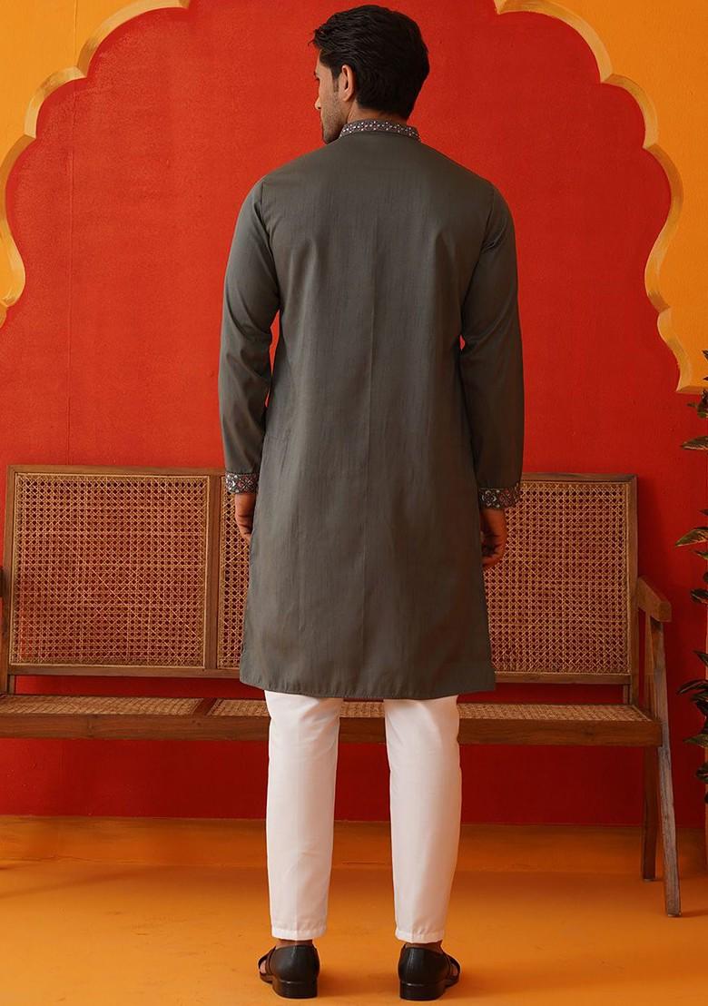 Grey Embroidered Poly Blend Kurta Set For Men