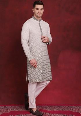 White Embroidered Poly Blend Kurta Set For Men