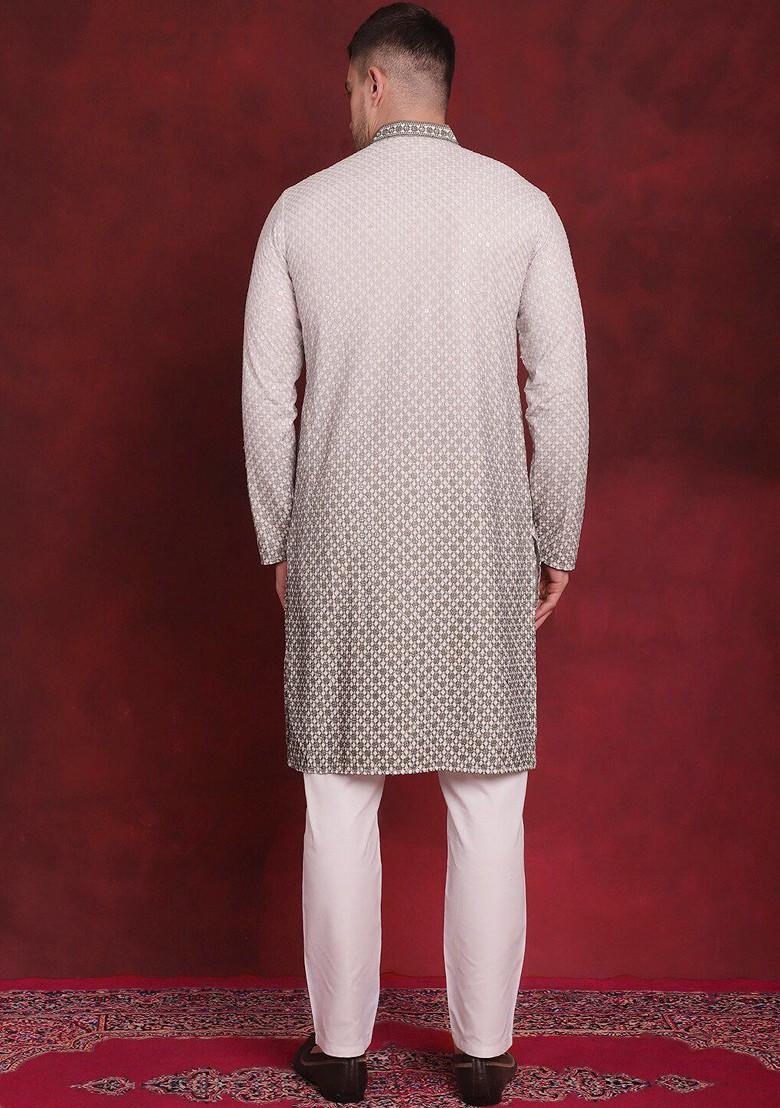 White Embroidered Poly Blend Kurta Set For Men