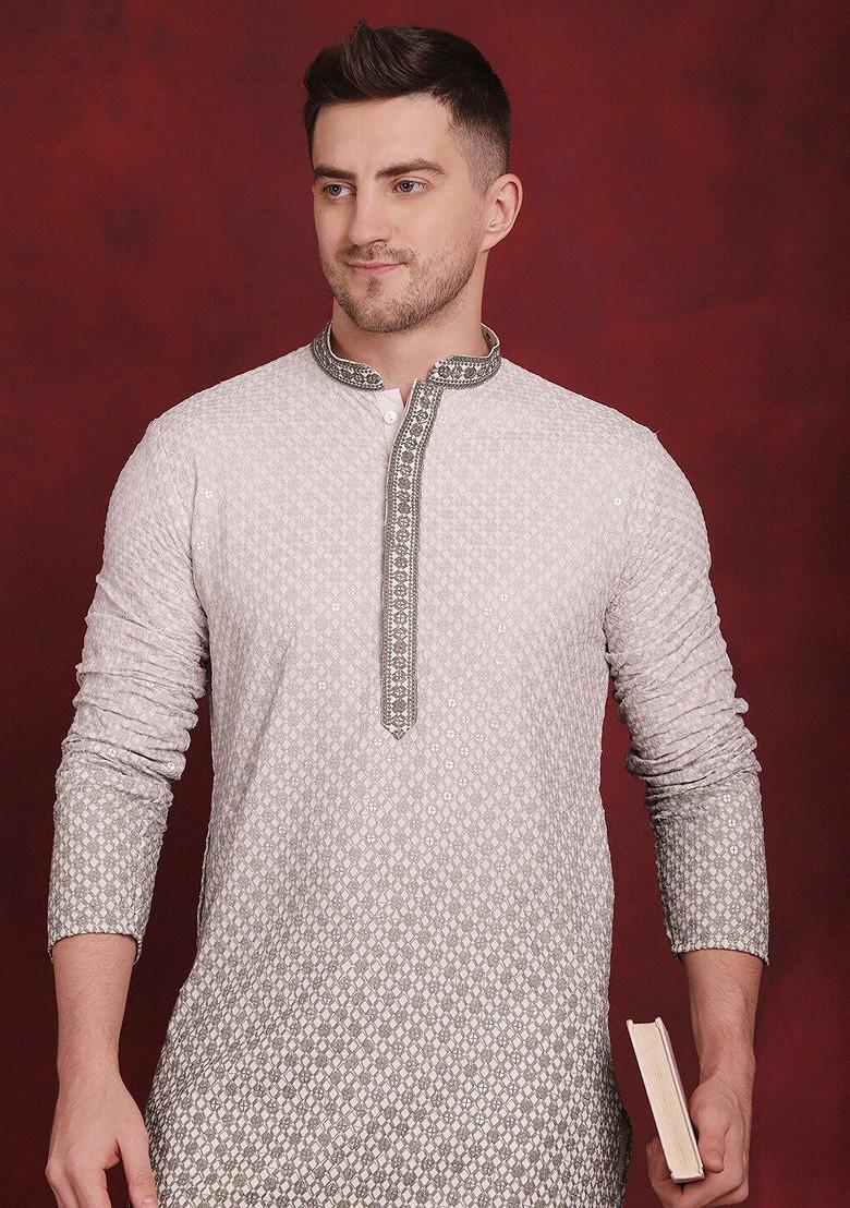White Embroidered Poly Blend Kurta Set For Men