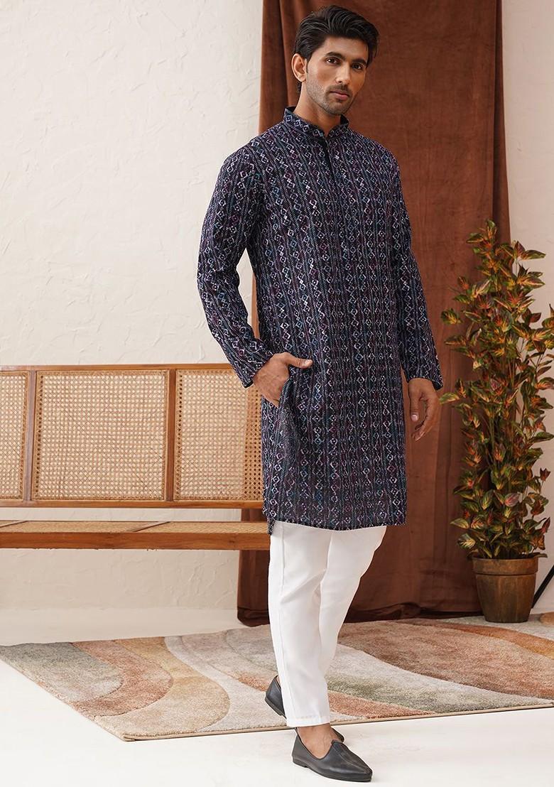 Navy Blue Embroidered Poly Blend Kurta Set For Men