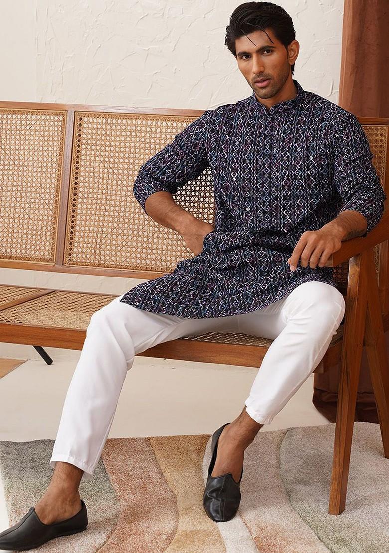 Navy Blue Embroidered Poly Blend Kurta Set For Men