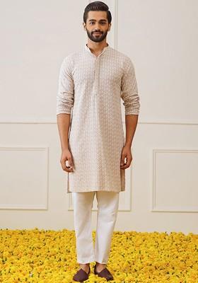 Beige Embroidered Poly Blend Kurta Set For Men