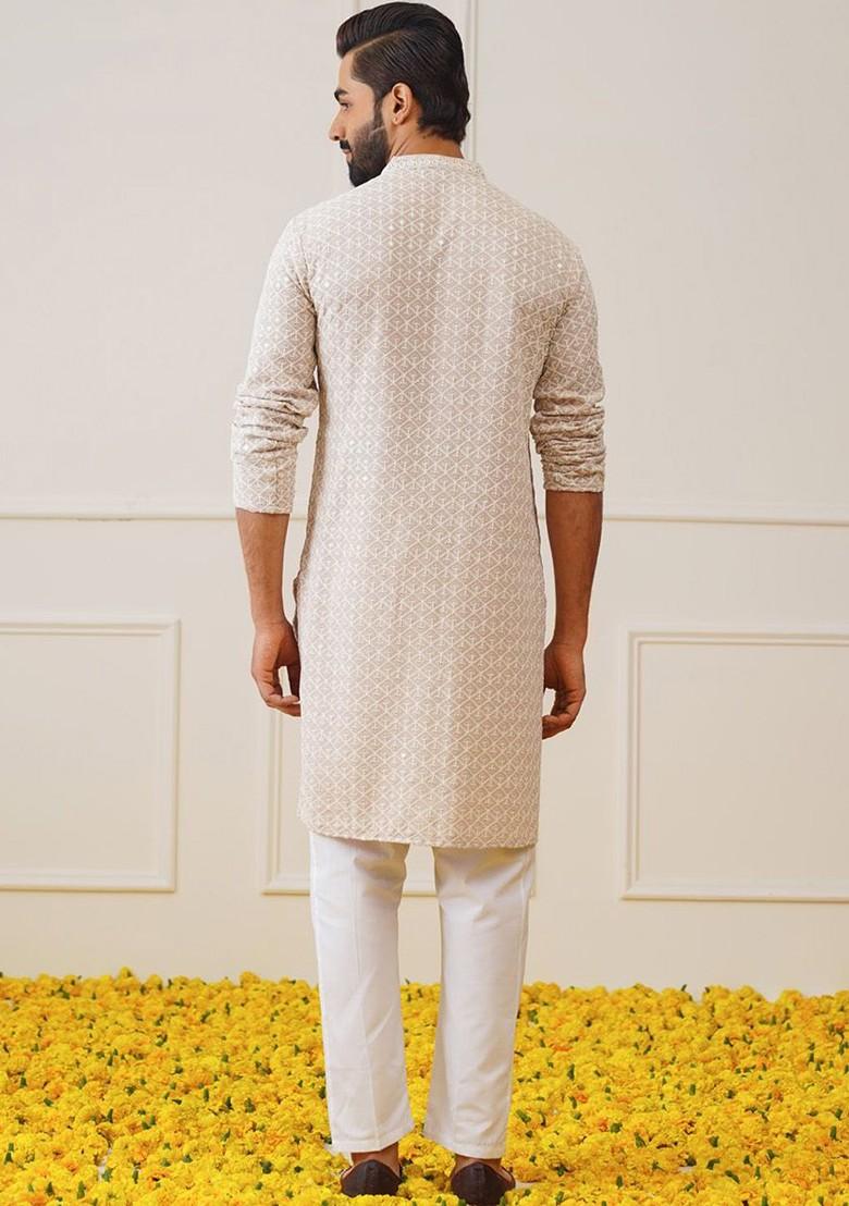 Beige Embroidered Poly Blend Kurta Set For Men