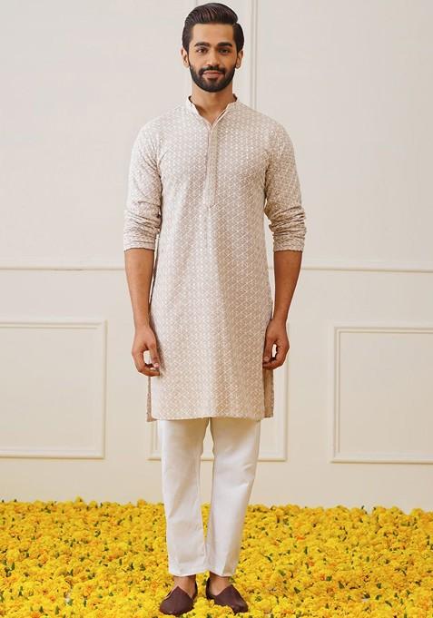 Beige Embroidered Poly Blend Kurta Set For Men — view on Indya