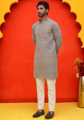 Grey Embroidered Poly Blend Kurta Set For Men