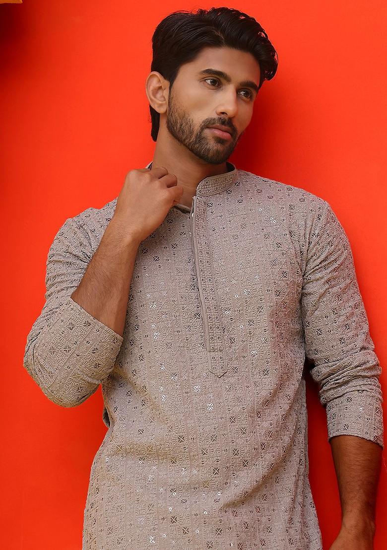 Grey Embroidered Poly Blend Kurta Set For Men