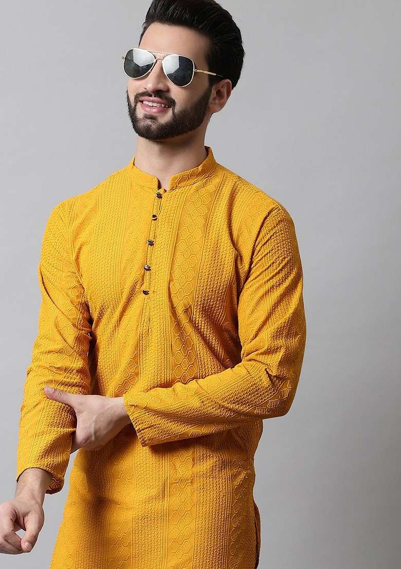 Mustard Yellow Embroidered Poly Blend Kurta Set For Men - Indya