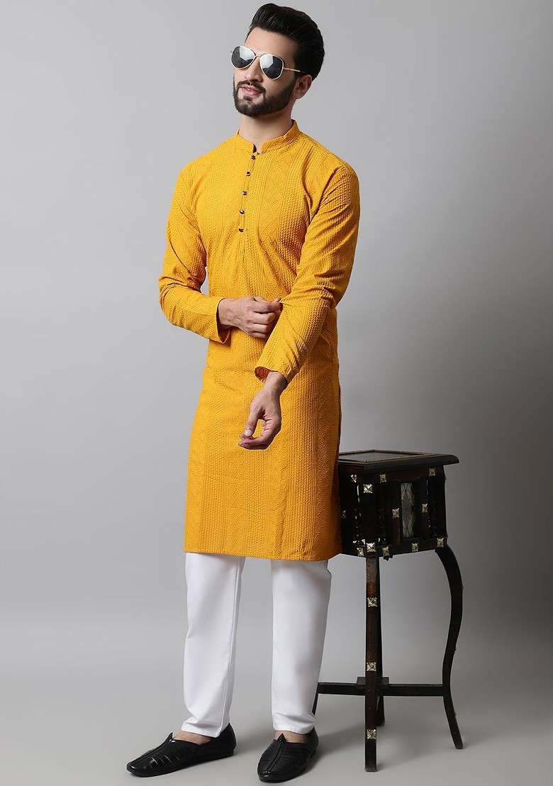 Mustard Yellow Embroidered Poly Blend Kurta Set For Men - Indya