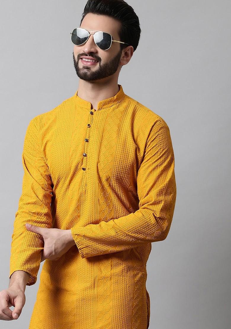 Mustard Yellow Embroidered Poly Blend Kurta Set For Men