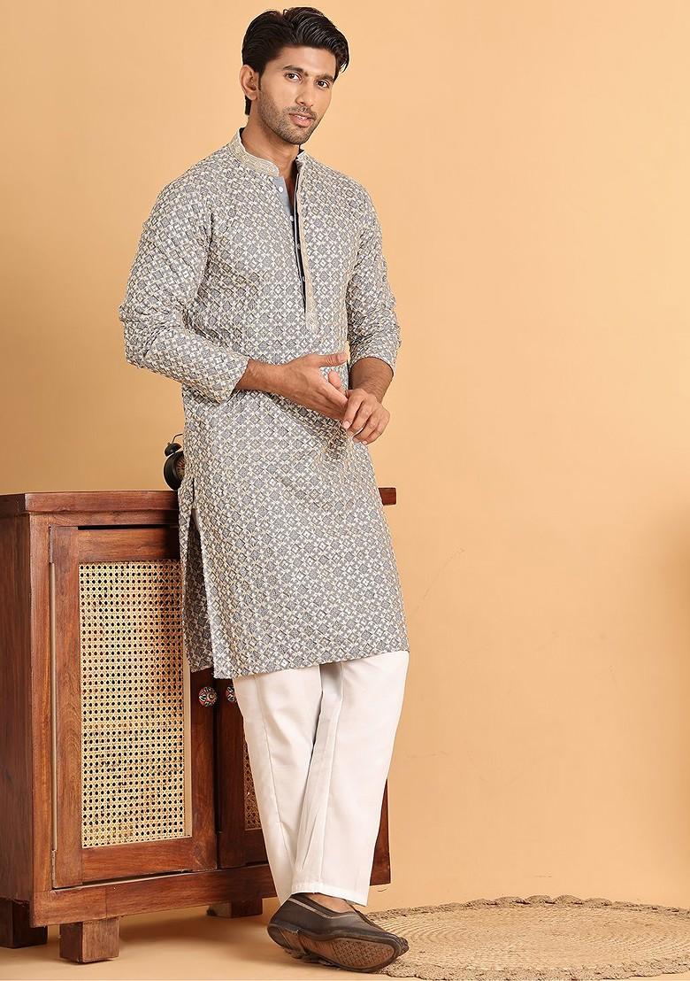Grey Embroidered Poly Blend Kurta Set For Men