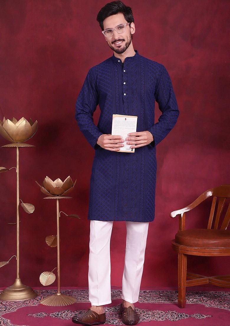 Navy Blue Embroidered Poly Blend Kurta Set For Men