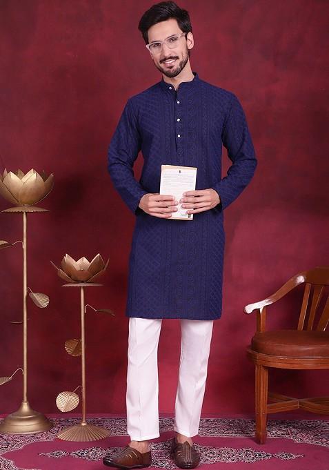 Navy Blue Embroidered Poly Blend Kurta Set For Men