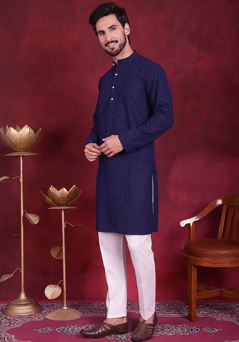 Navy Blue Embroidered Poly Blend Kurta Set For Men