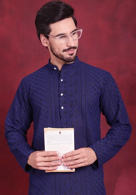 Navy Blue Embroidered Poly Blend Kurta Set For Men